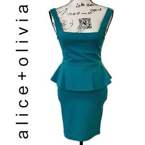 ALICE & OLIVIA DRESS POPPY PEPLUM MIDI SZ 2 TEAL FITTED BODICE VERSATILE CHIC